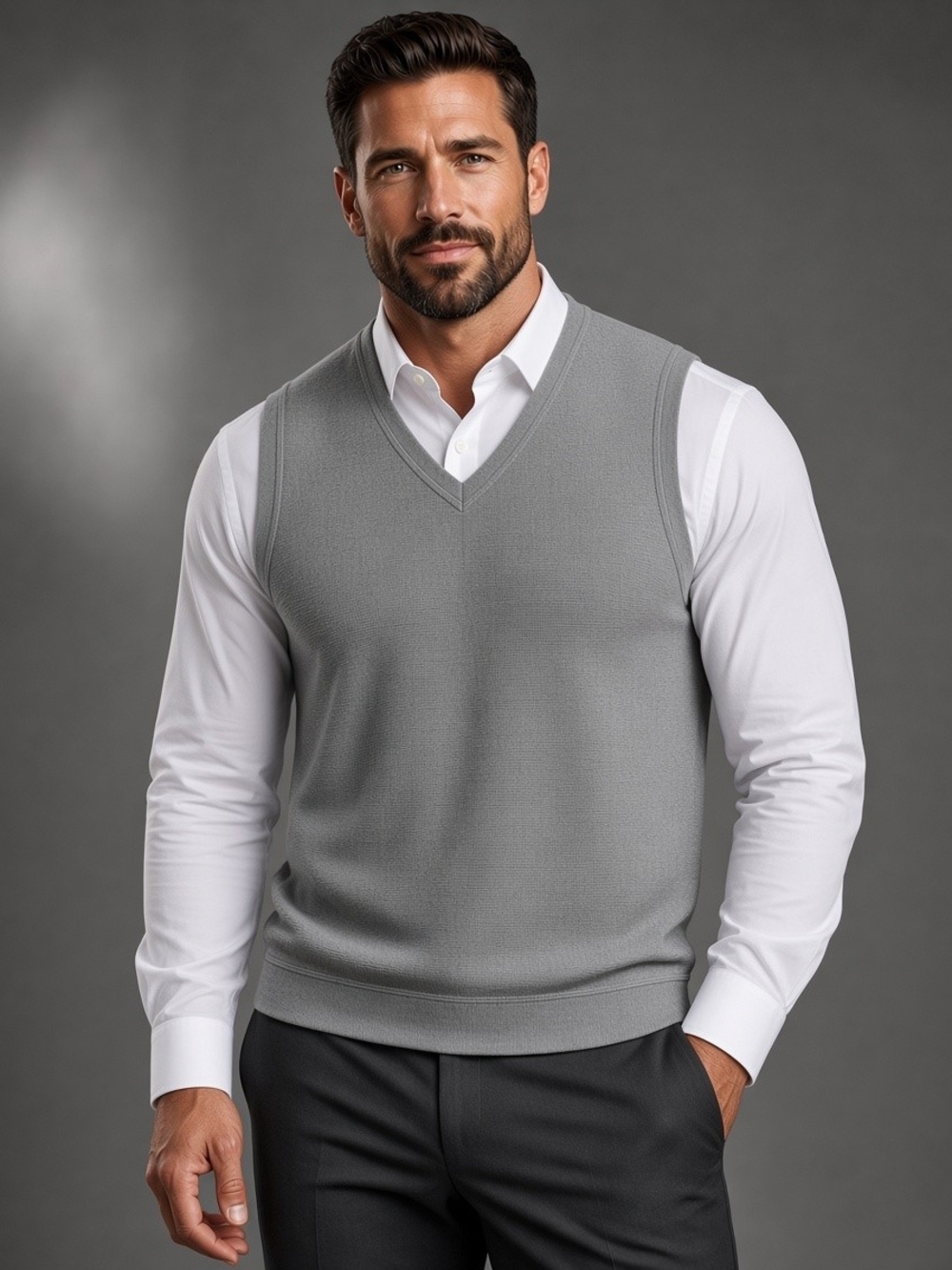 Gregg Norman Collection Gray V-Neck Golf Sweater Vest Ribbed Knit Shark Logo